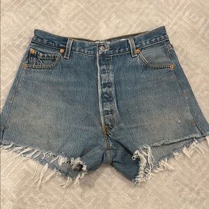 Re/Done Blue Frayed Hem Jean Shorts